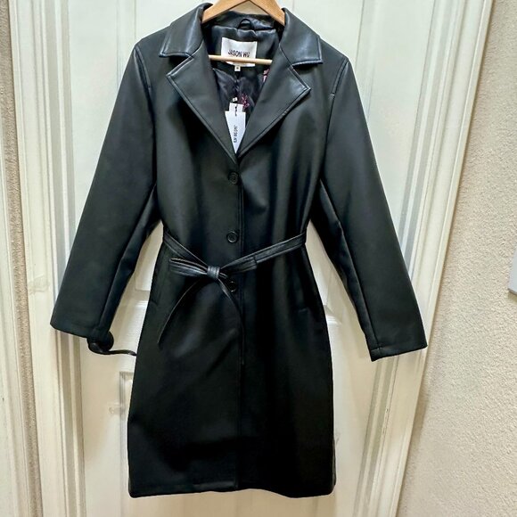 Jason Wu Women's Faux Leather Long Jacket Size M Black Button Closure Belted NEW - Picture 12 of 16